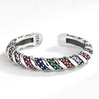 925 Sterling Silver Adjustable Ring, Colorful CZ Stone Ring, Twisted Rope 374