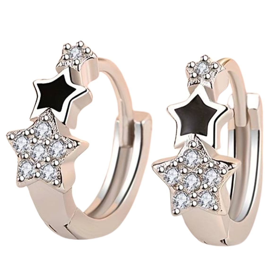 Silver Plated Huggie Hoop Earrings with Black Enamel and Cubic Zirconia Star 156