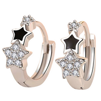 Silver Plated Huggie Hoop Earrings with Black Enamel and Cubic Zirconia Star 156