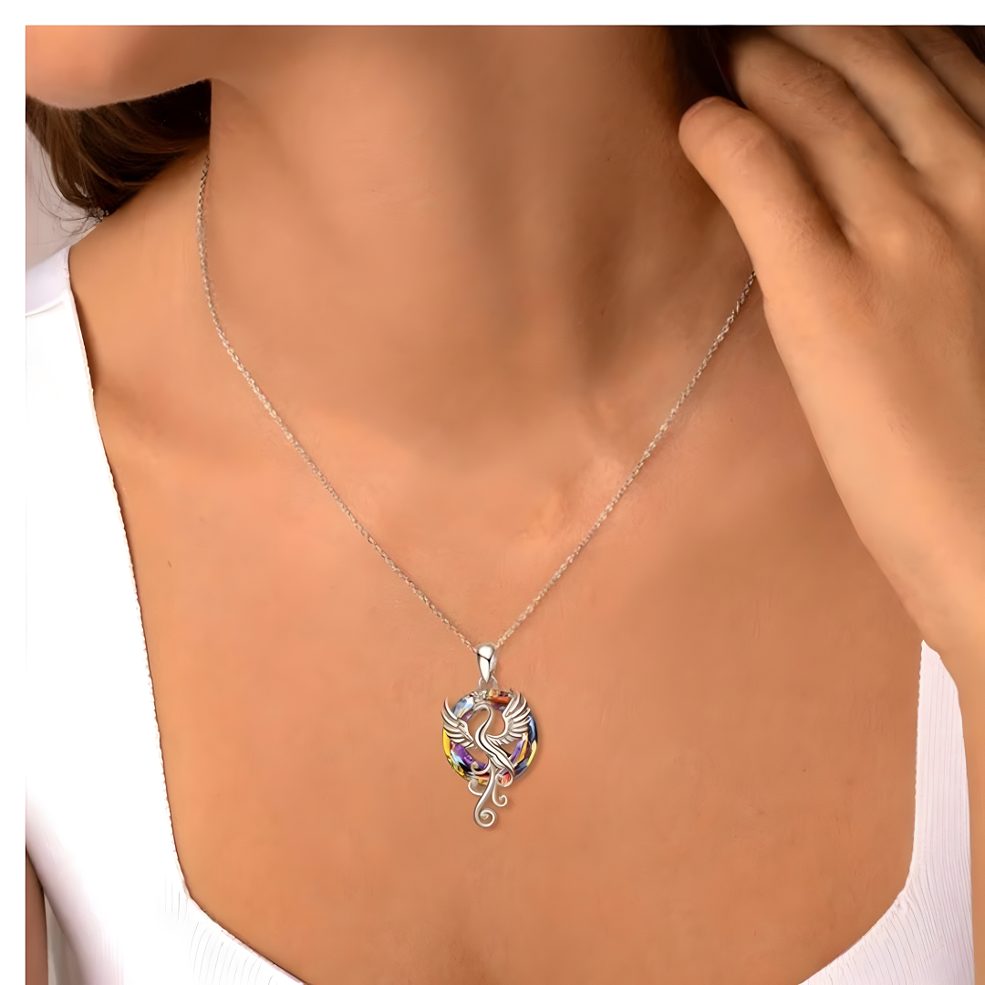 Dazzling Phoenix Bird Crystal Necklace - Silver Tone & Colorful Iridescent B81