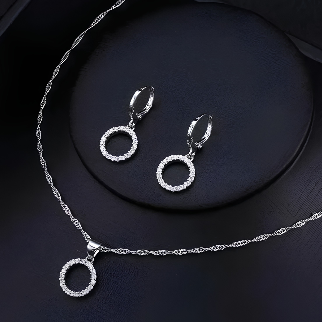 Women's Trendy Circle Pendant Necklace Earrings Set, Elegant Cubic Zirconia 1720