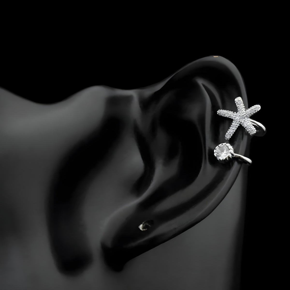 925 Sterling Silver Starfish & CZ Spiral Cuff Earrings - Unique Ear Climber 354
