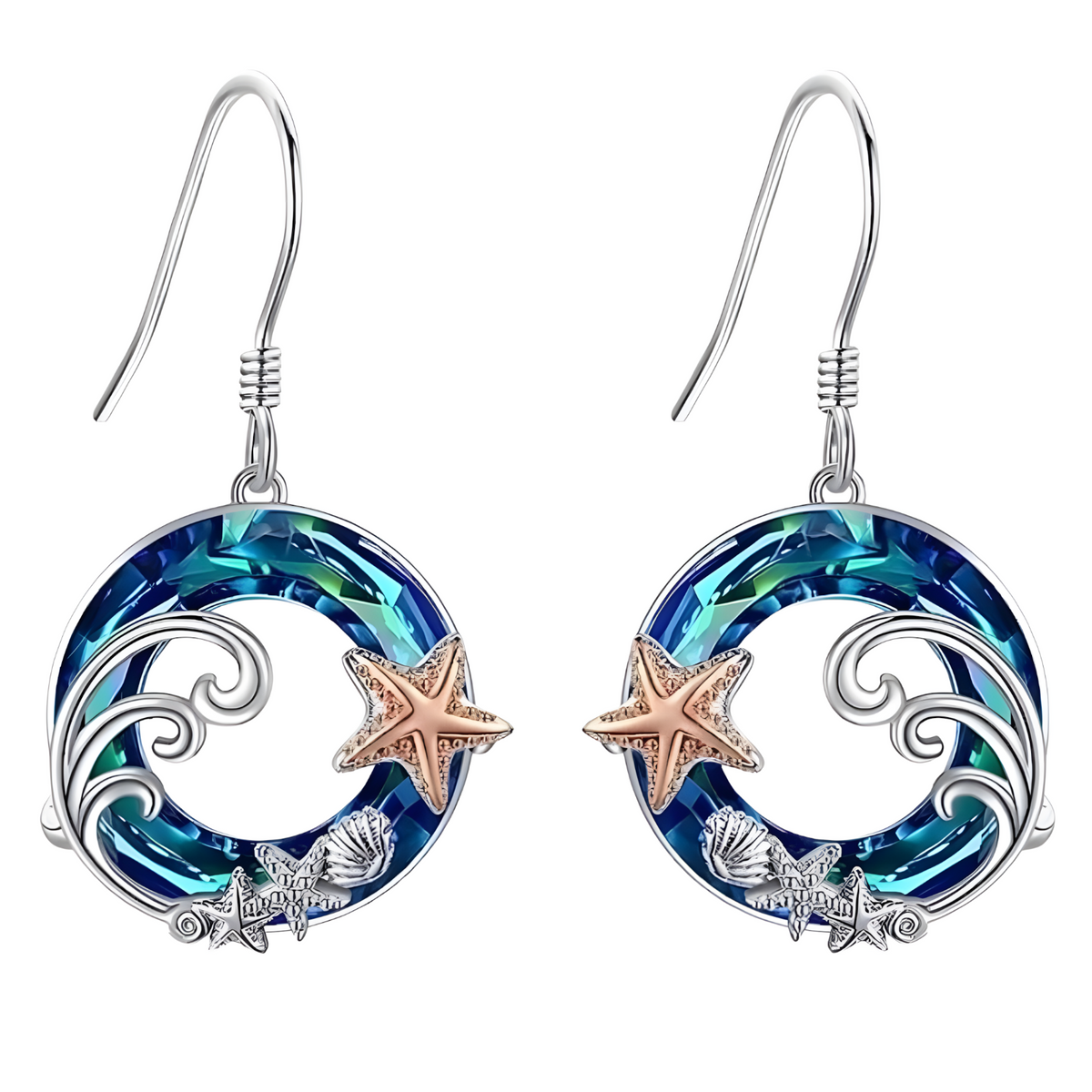 Exquisite Starfish and Shell Pendant Necklace, Blue Crystal Circle Seaside b148