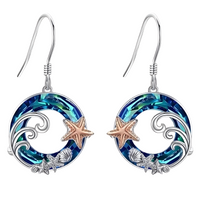 Exquisite Starfish and Shell Pendant Necklace, Blue Crystal Circle Seaside b148