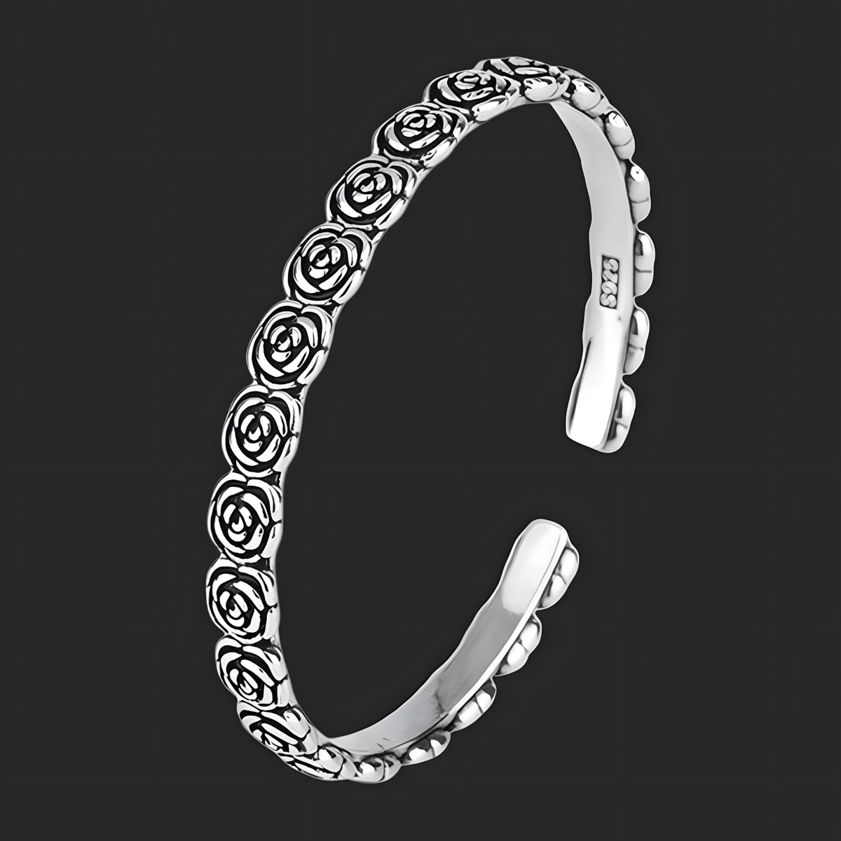 Rose-Pattern Open Cuff Bracelet Silver-Plated Alloy 20g Adjustable Bangle 1475