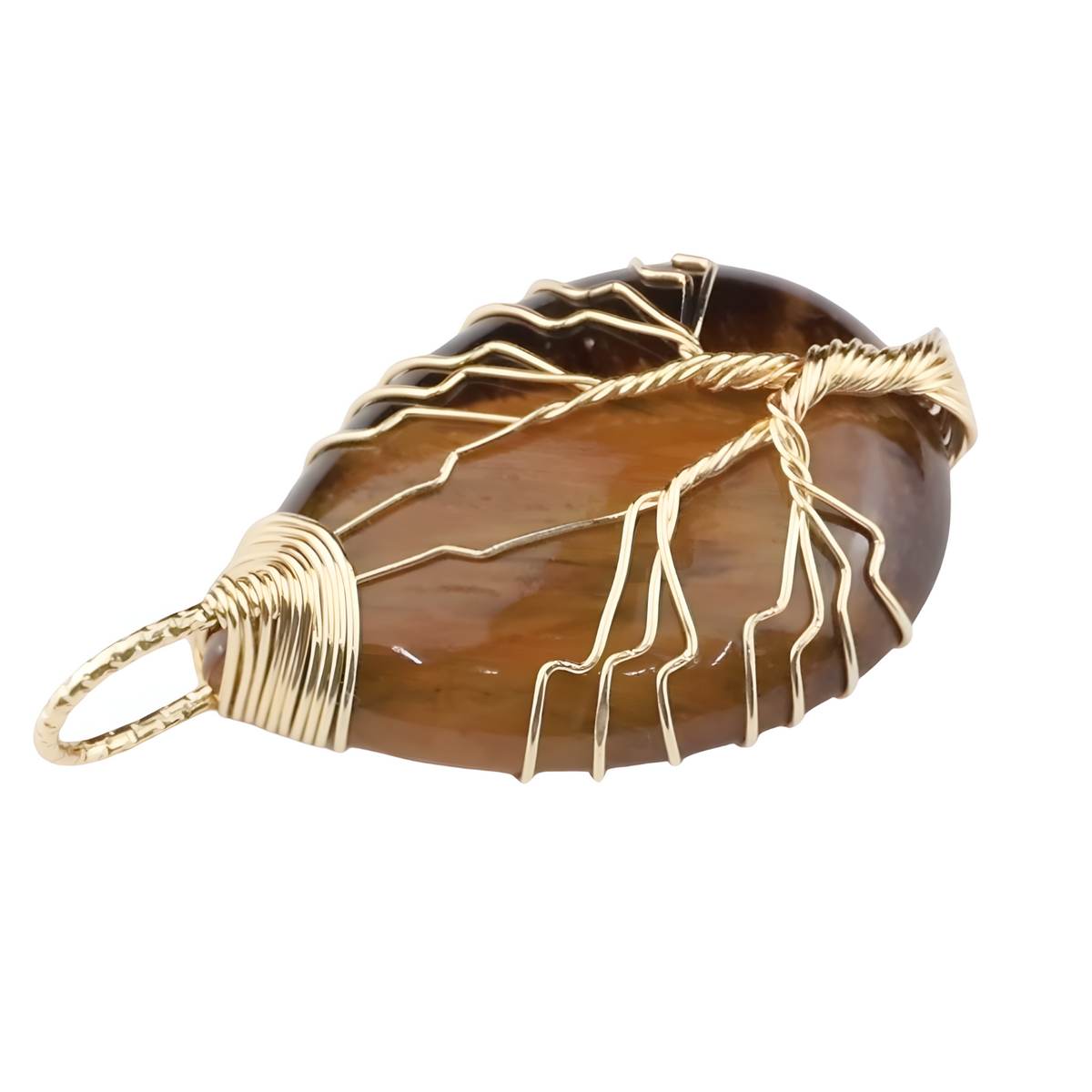 Gold Tiger Eye Tree Of Life Pendant Necklace For Women Oval Gemstone 1341