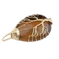 Gold Tiger Eye Tree Of Life Pendant Necklace For Women Oval Gemstone 1341