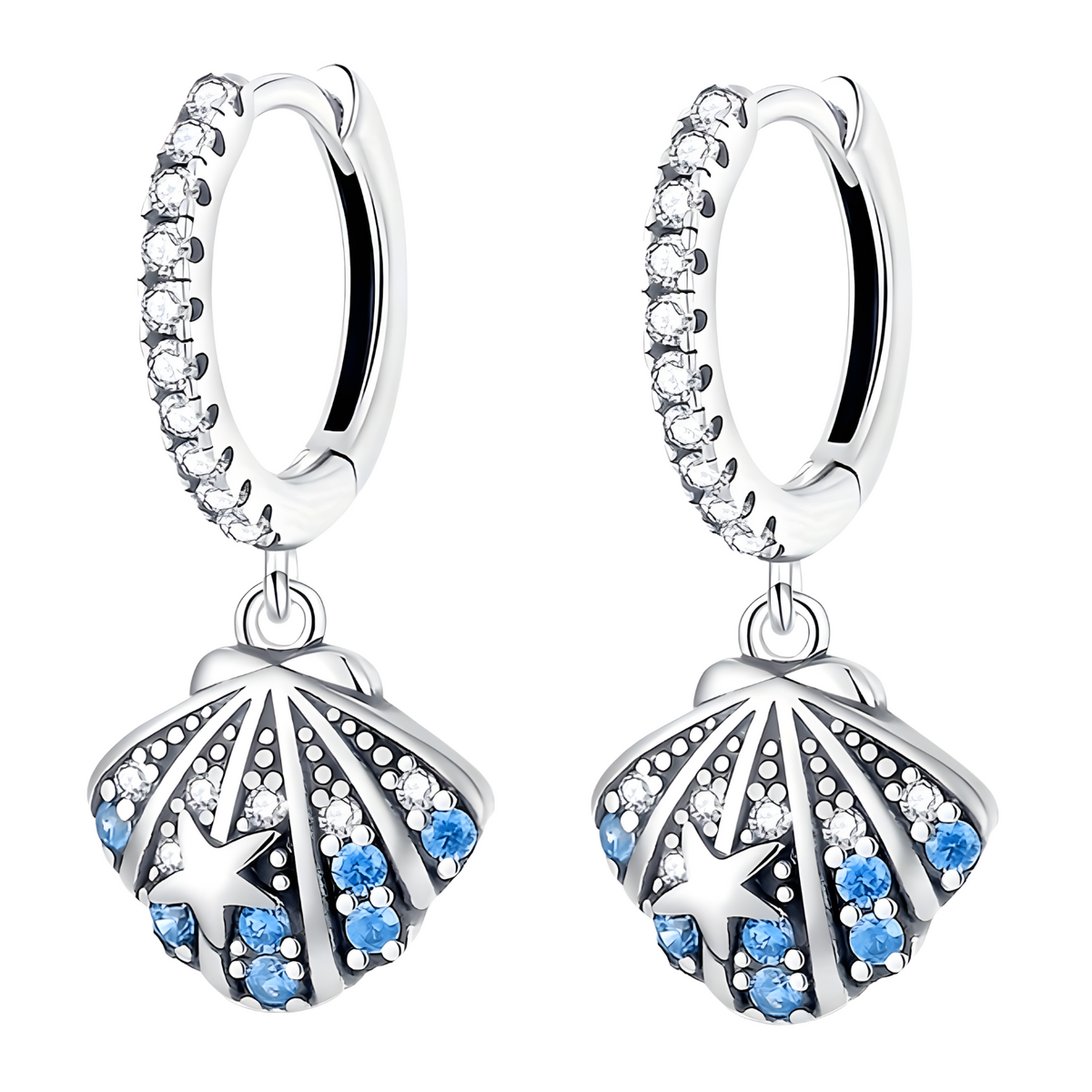 S925 Sterling Silver Blue Sea Shell Earrings for Women Real Zircon Starfish 828