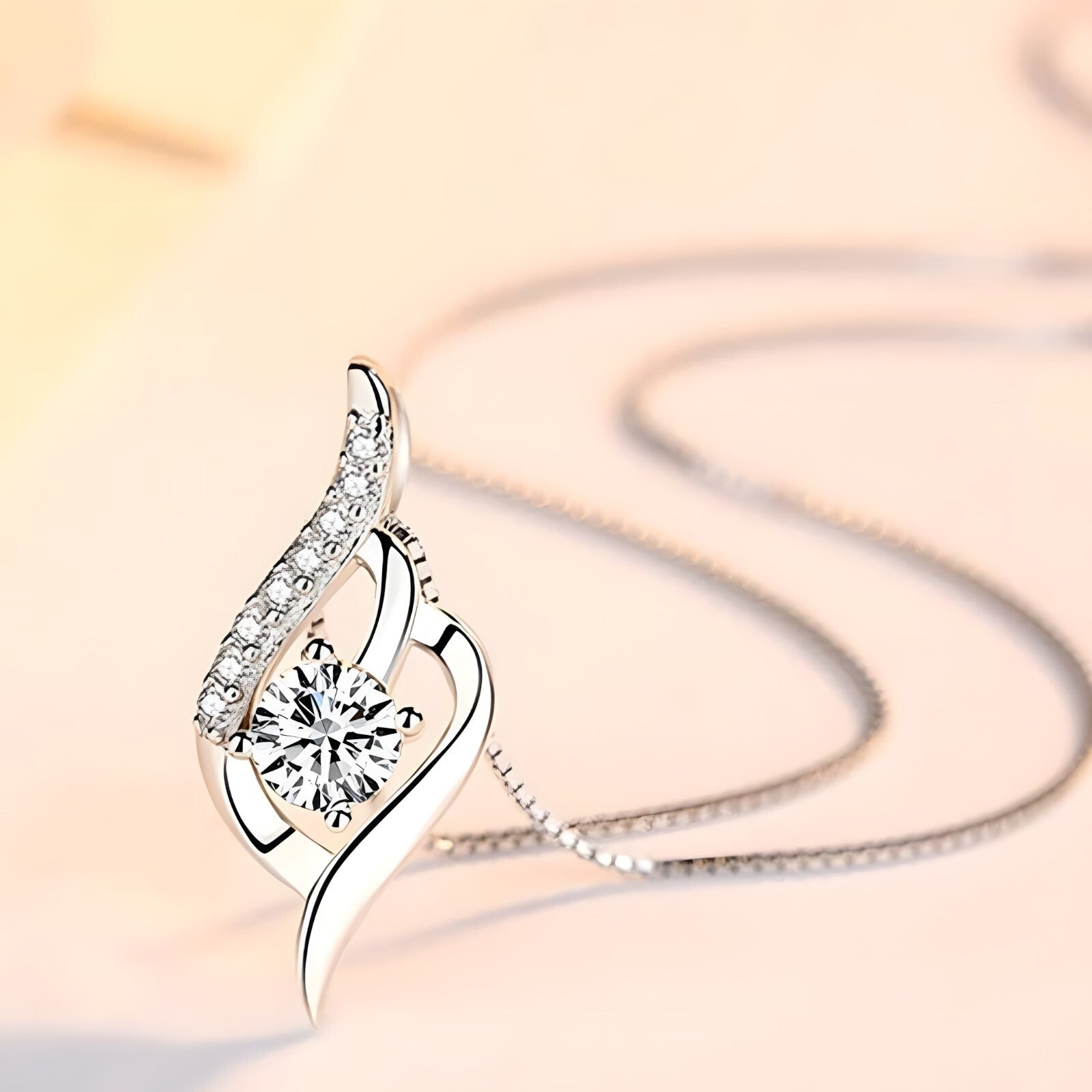 925 Sterling Silver Twisted Zircon Pendant Necklace Elegant Women’s Fashion 257