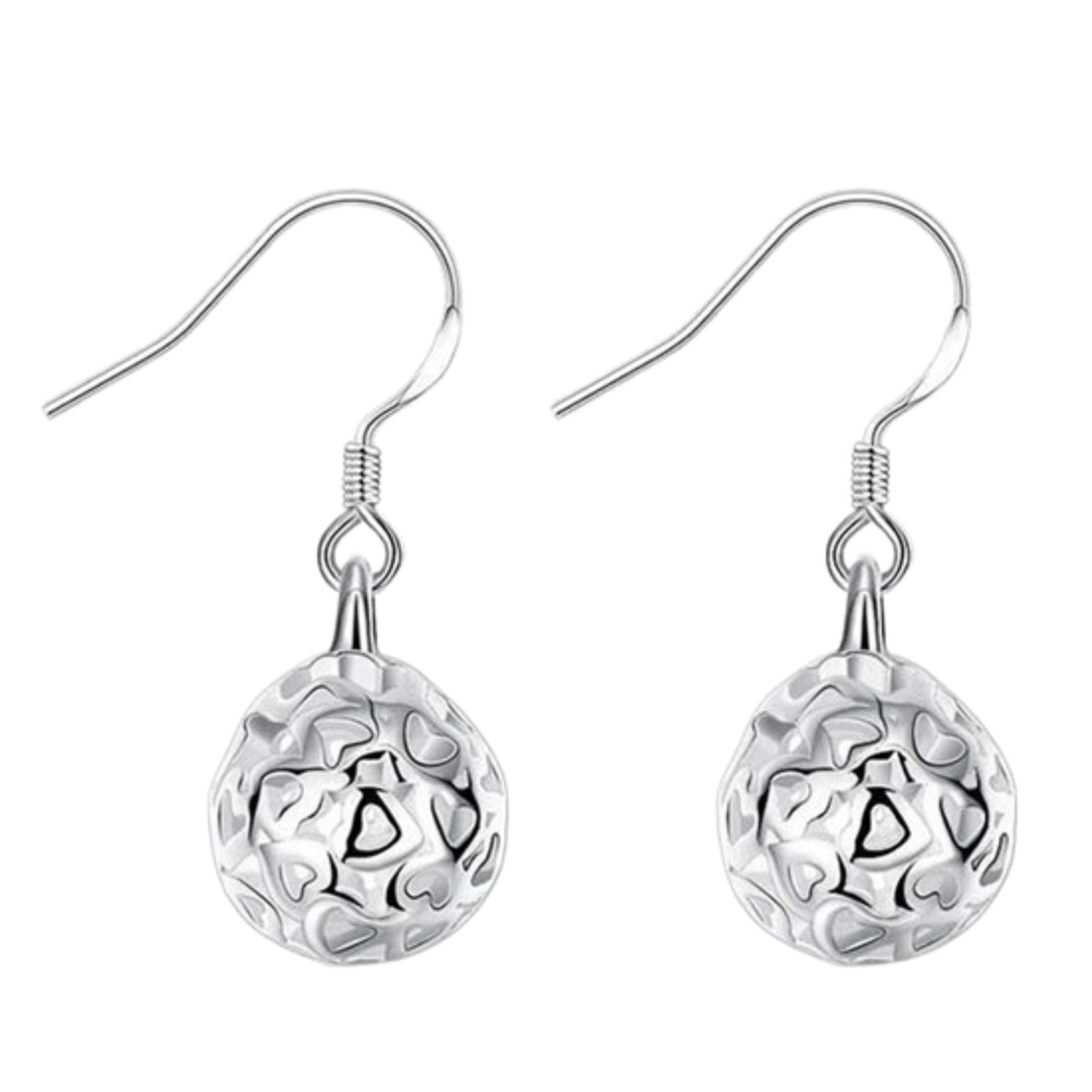 925 Sterling Silver Textured Ball Drop Earrings - Hollowed Out Sphere Dangle 357