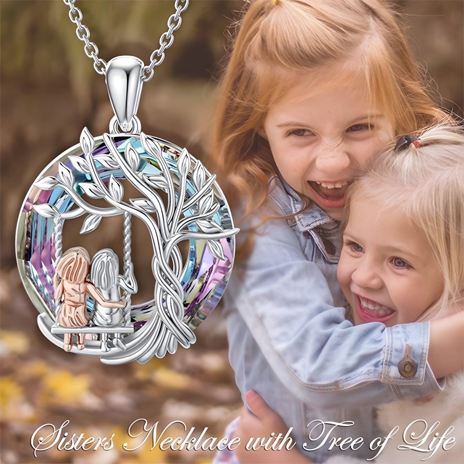 Unified Jewellery Tree of Life Sisters Swing Necklace Crystal Silver Tone B61