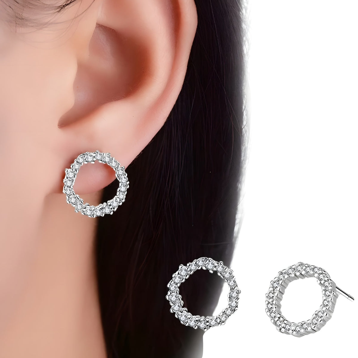 925 Sterling Silver Circle Stud Earrings with Rhinestones - Small Halo Studs 352