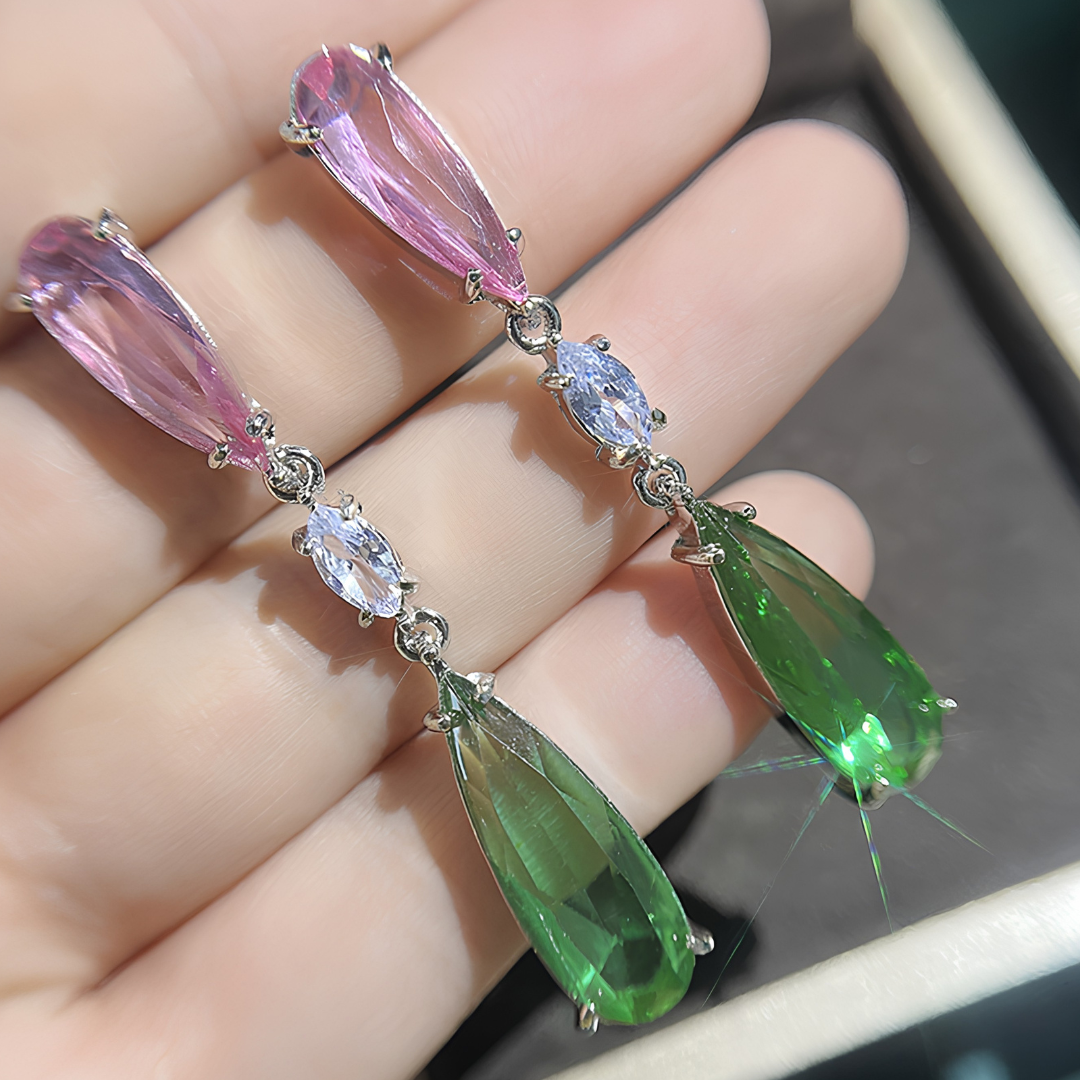 Unified Jewellery Premium Green Magenta Crystal Long Drop Earrings Women 1847