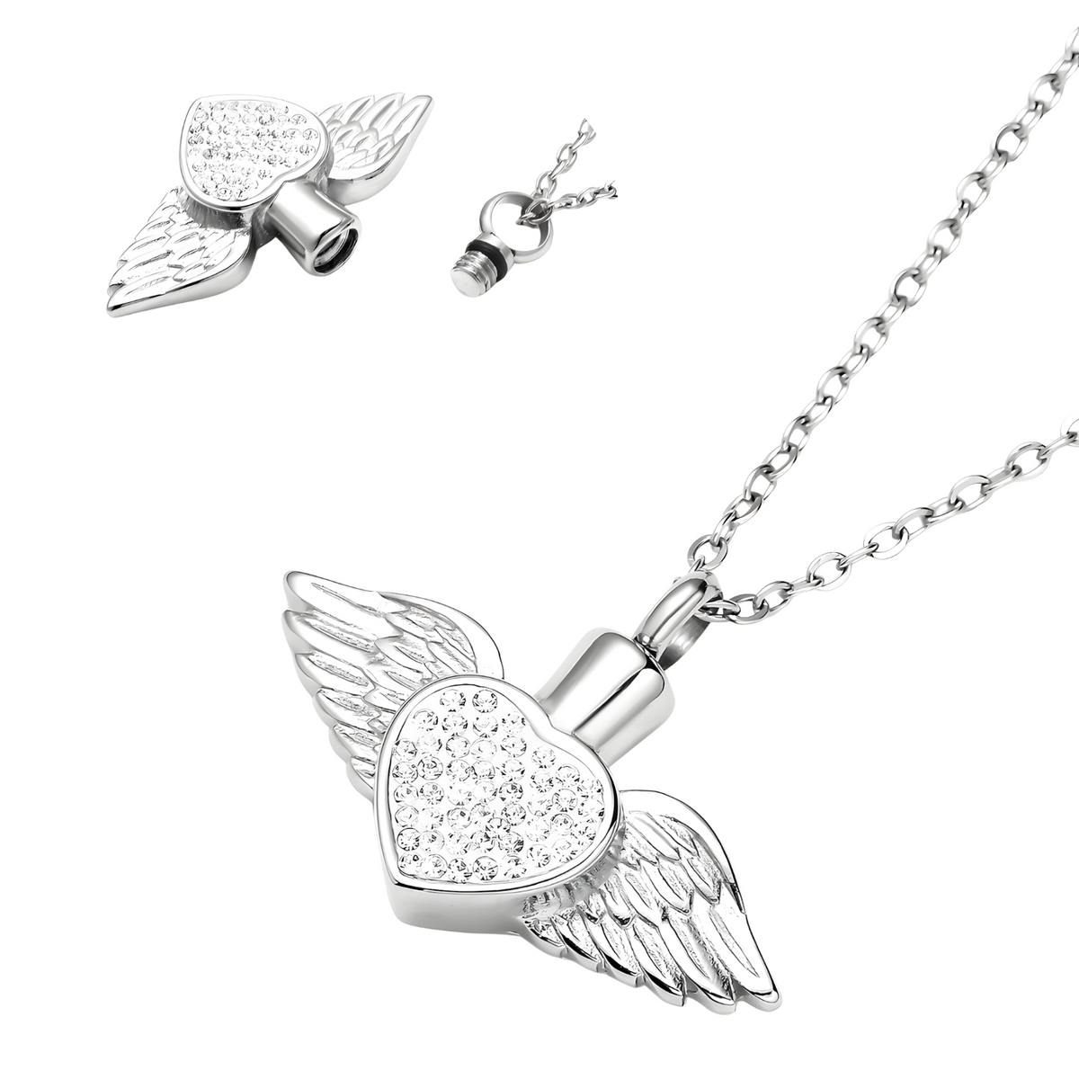 Angel Wing Heart Urn Necklace Ashes – Rhinestone Memorial Pendant,Cremation 1231
