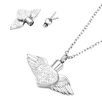 Angel Wing Heart Urn Necklace Ashes – Rhinestone Memorial Pendant,Cremation 1231