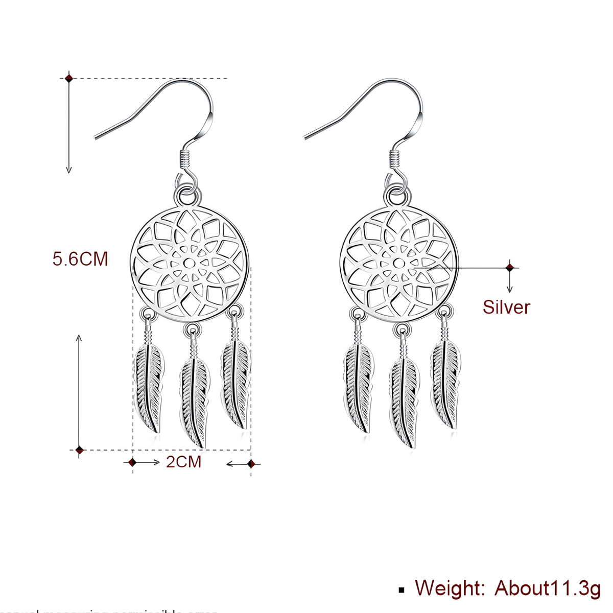 Silver Plated Alloy Dreamcatcher Drop Earrings for Women Feather Charm HooK 1414