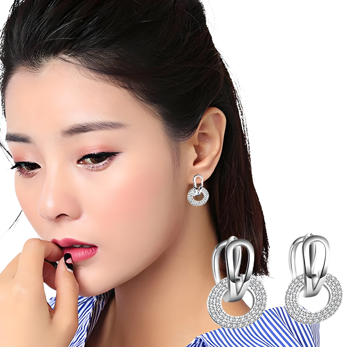 925 Sterling Silver Dangle Hoop Earrings – Unique Interlocking Circles Stone 315