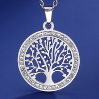 Stainless Steel Tree of Life Pendant Necklace Silver Round Cut Out Tree 1088