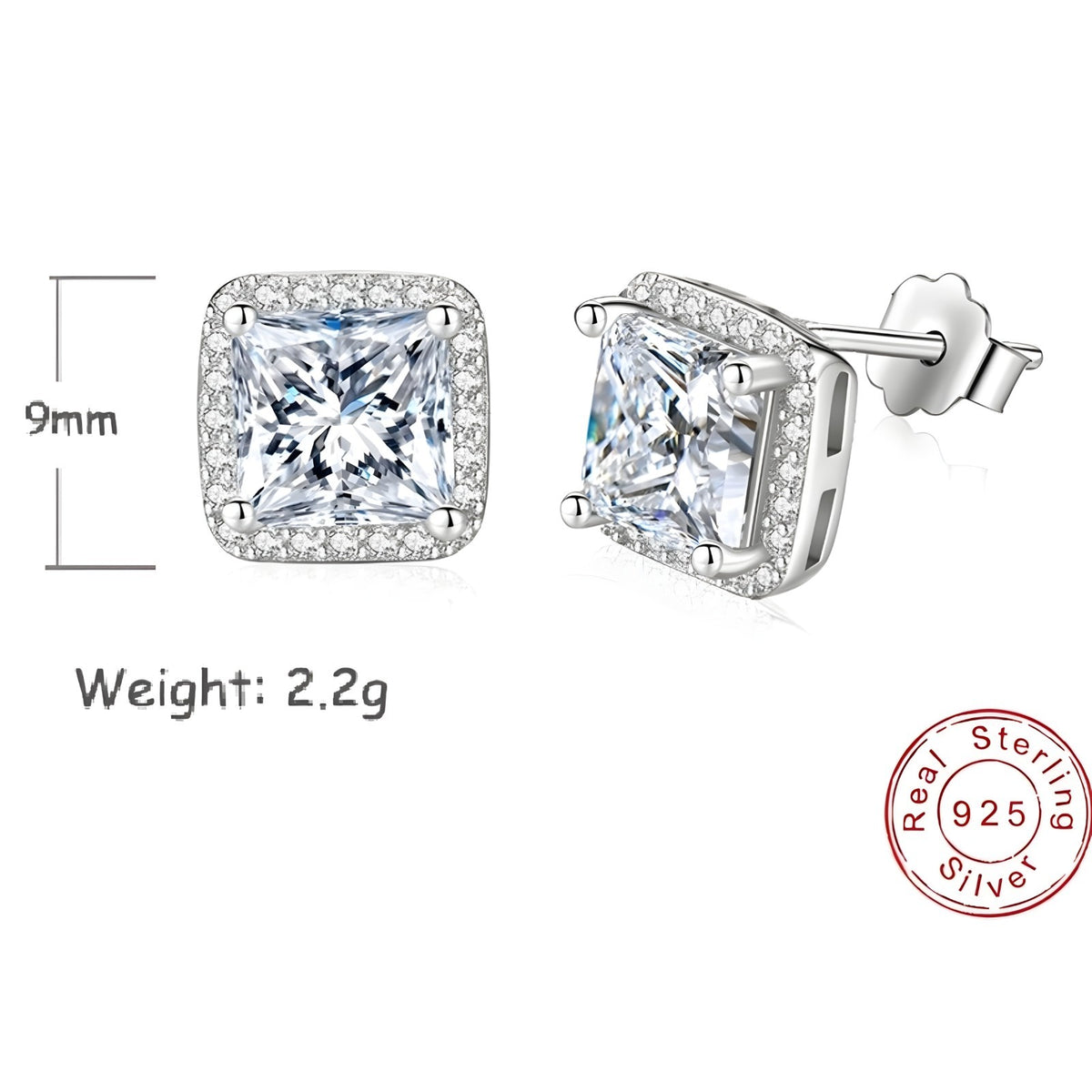 Sterling Silver Princess Cut Cubic Zirconia Stud Earrings Halo Setting 338