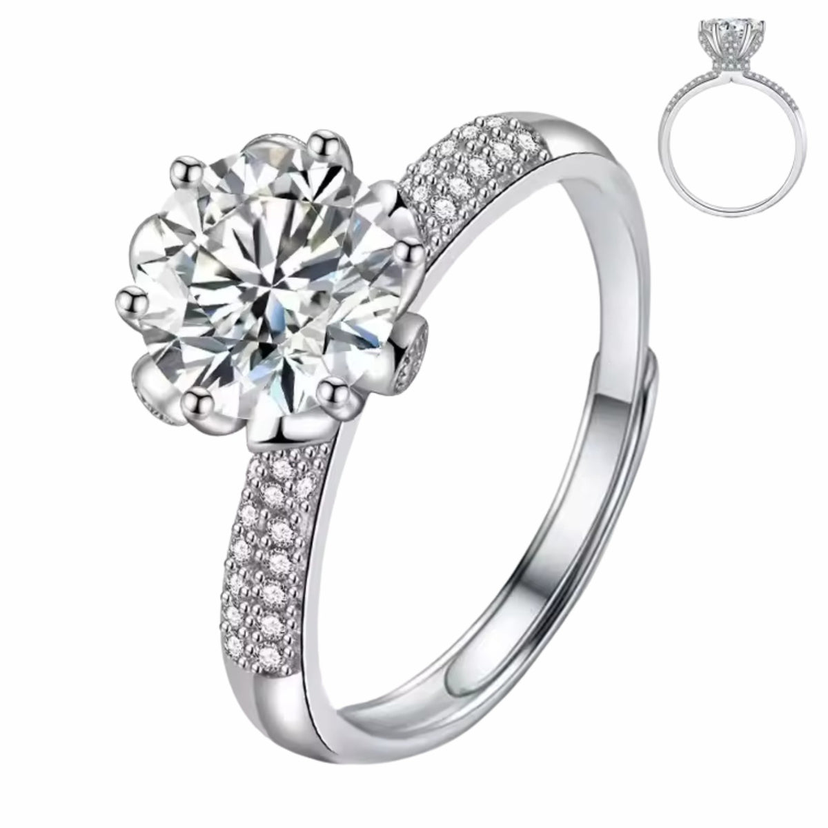 Adj Ring Round Brilliant Solitaire Floral Head Pavé Band Adjustable Elegant 1677