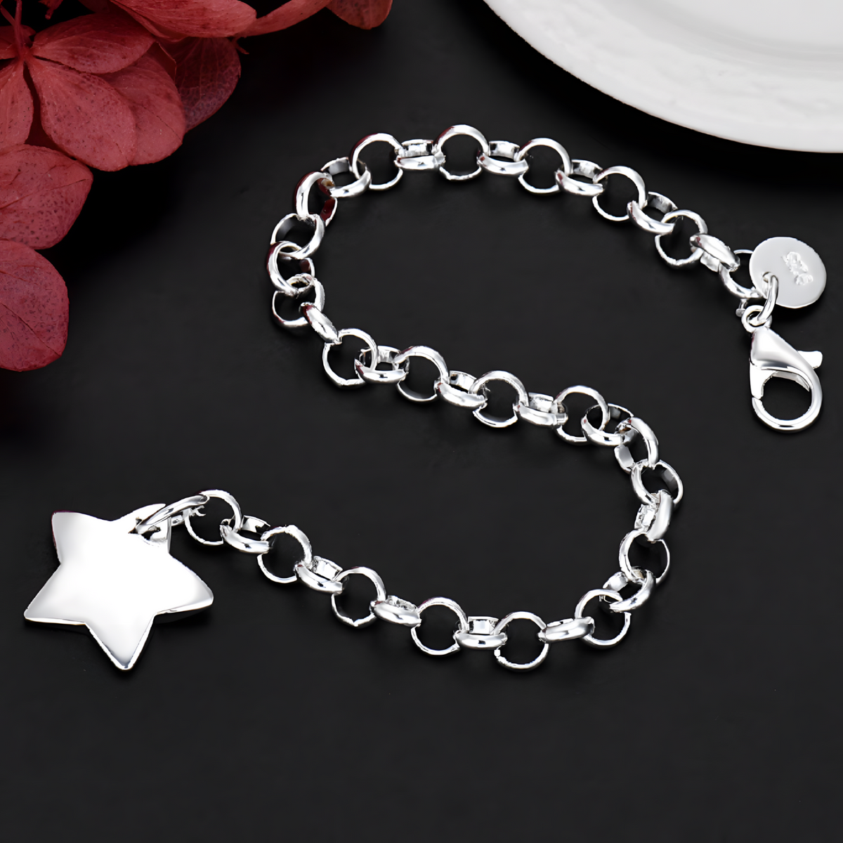 925 Silver Star Charm Bracelet For Women Link Chain Lobster Clasp Celestial 1779