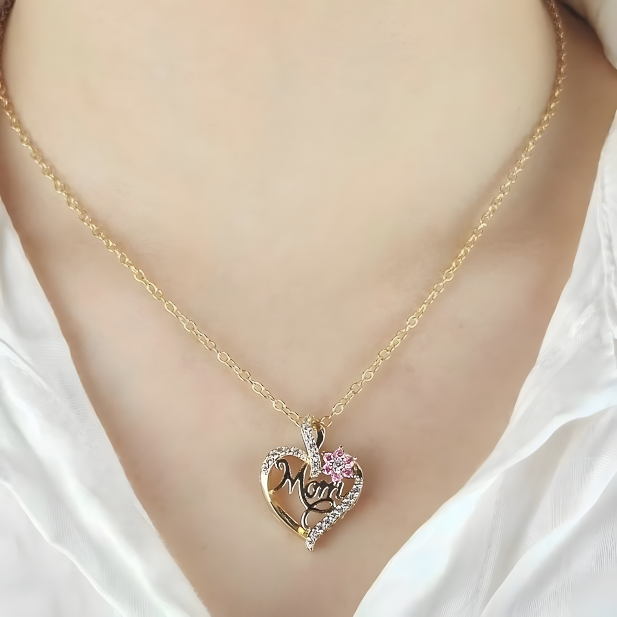 Gold-Tone Alloy Heart Shaped Pendant Necklace for Women – Sparkling Crystal 1121