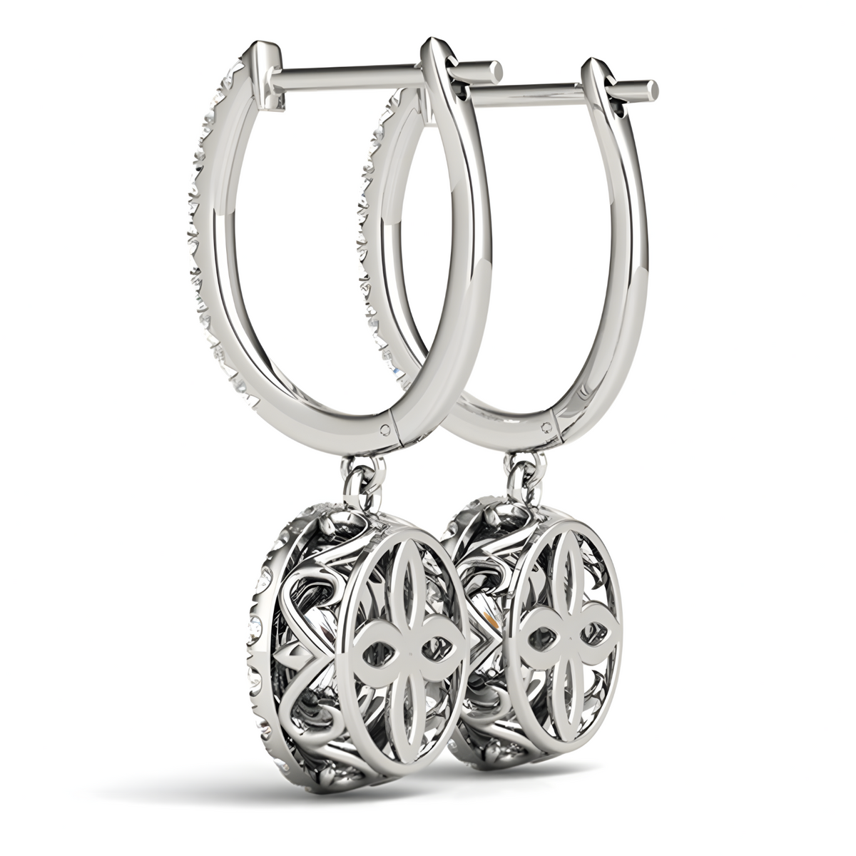 Rhodium-Plated Hoop Drop Earrings For Women With Round Cubic Zirconia Pave 1438