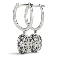Rhodium-Plated Hoop Drop Earrings For Women With Round Cubic Zirconia Pave 1438