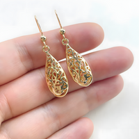 Gold Plated Brass Filigree Teardrop Dangle Earing Elegant Lightweight Design B19