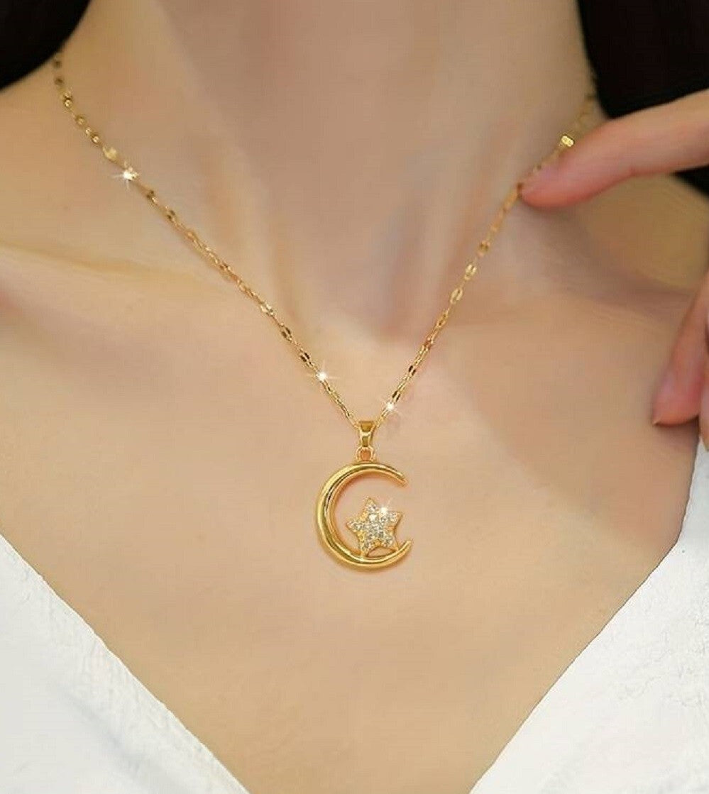 Zircon Moon & Star Pendant Necklace, Delicate Choker, Hypoallergenic 113 UK