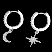 Asymmetric Celestial Hoop Earrings – Moon & Star Charms with Crystal Detail 1128
