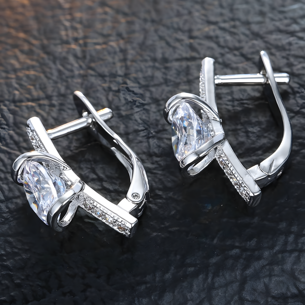 Sterling Silver-Plated Hoop Earrings – Elegant Cubic Zirconia Stone Design 905
