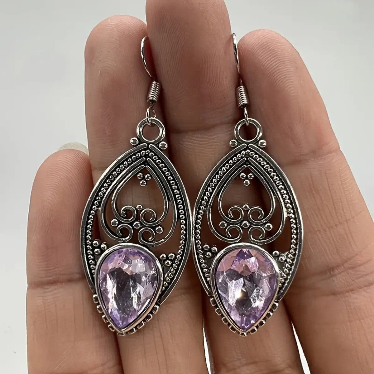 Purple Teardrop Crystal Look Drop Earrings For Women Silver Colour Filigree 1775