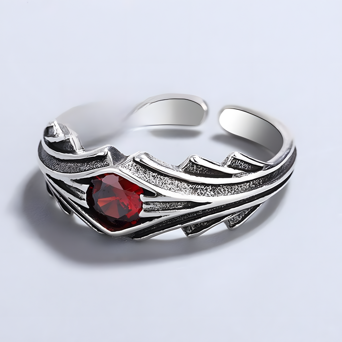 Red Stone Open Adjustable Ring For Women Silver Tone Wing Feather Leaf 1754