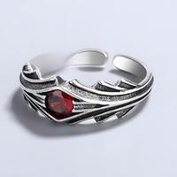 Red Stone Open Adjustable Ring For Women Silver Tone Wing Feather Leaf 1754