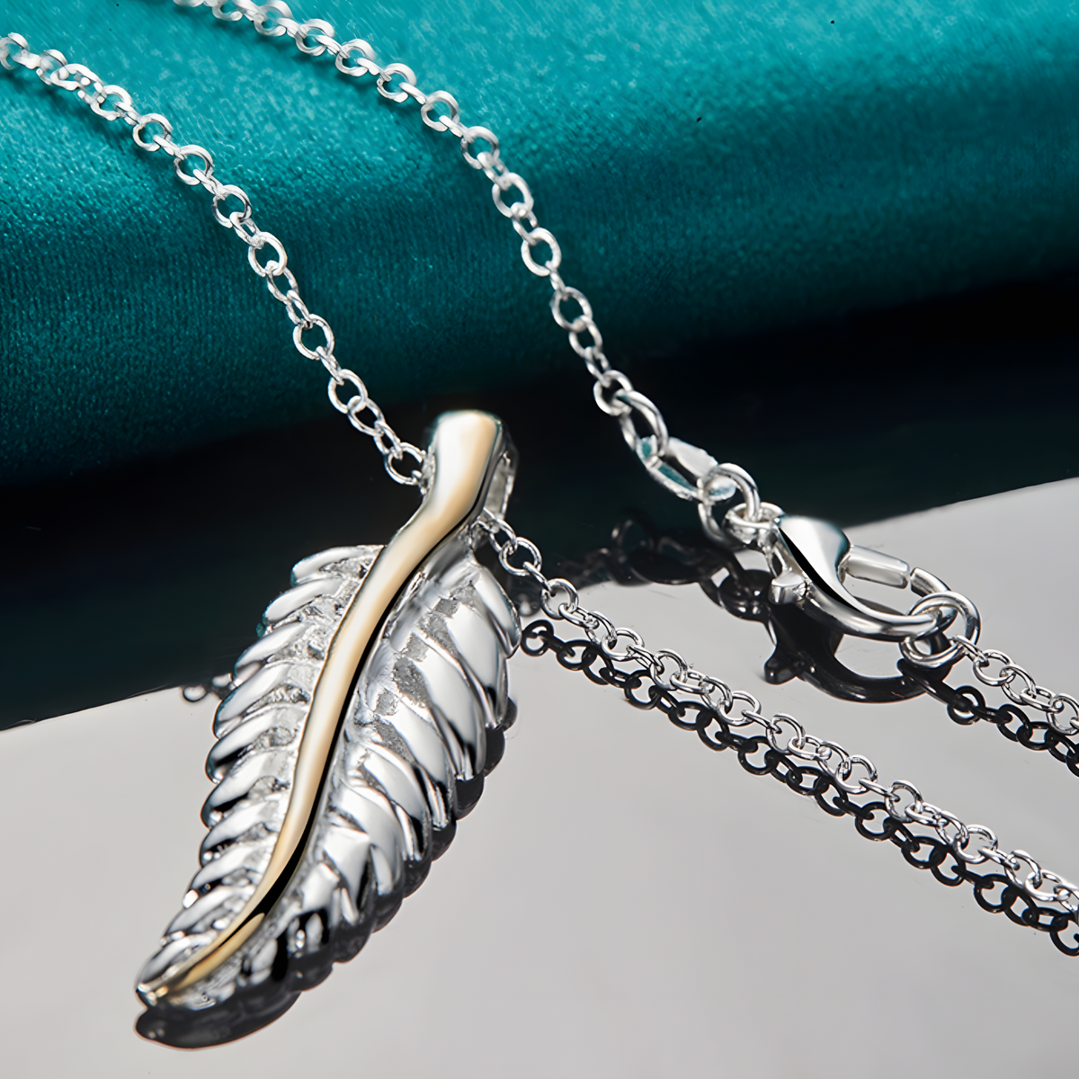 Feather Pendant Necklace 18 Inch Snake Chain - Two Tone Textured Feather 1500