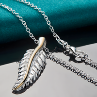 Feather Pendant Necklace 18 Inch Snake Chain - Two Tone Textured Feather 1500