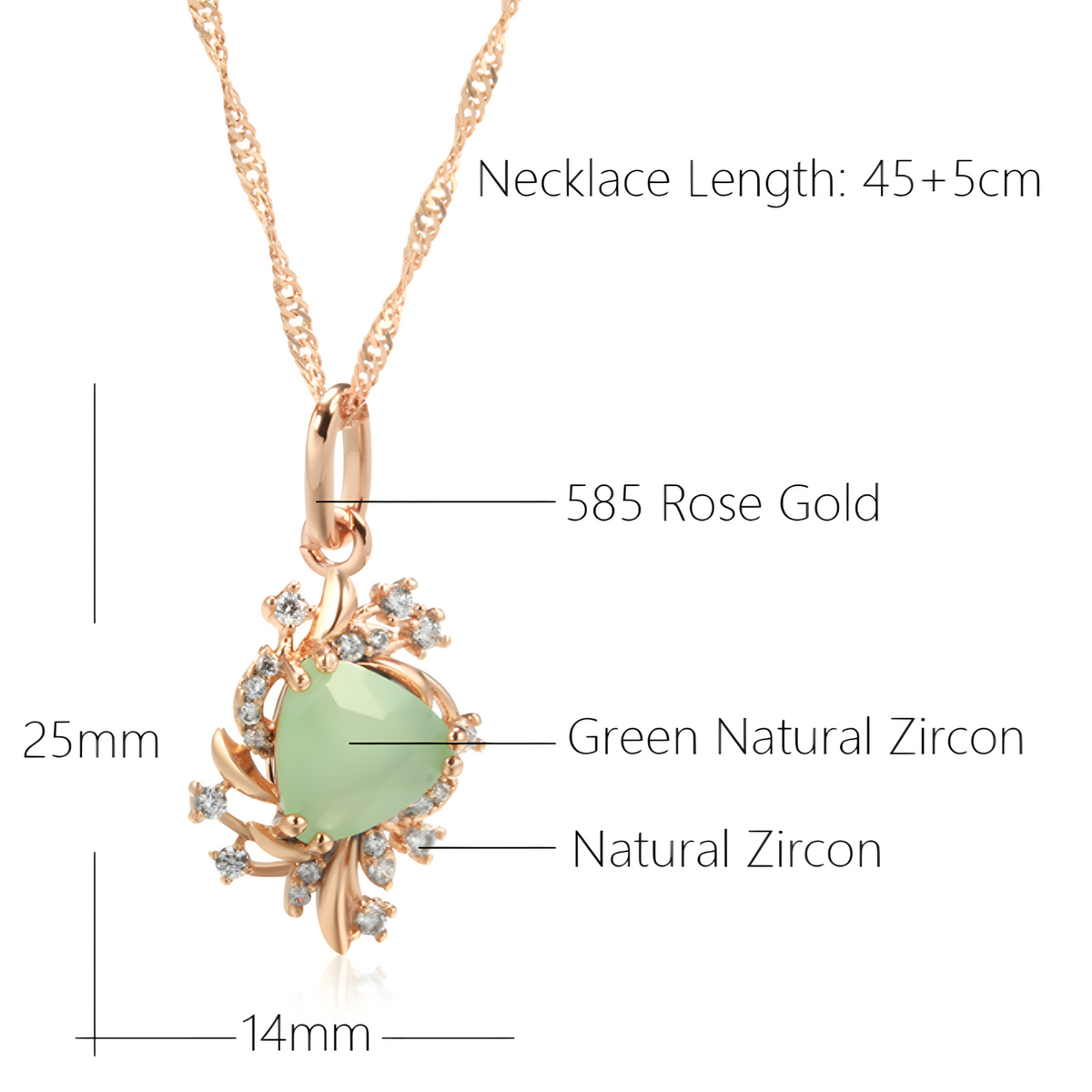 Rose Gold-Plated Alloy Green Zircon Floral Pendant Necklace Women Crystal 1282