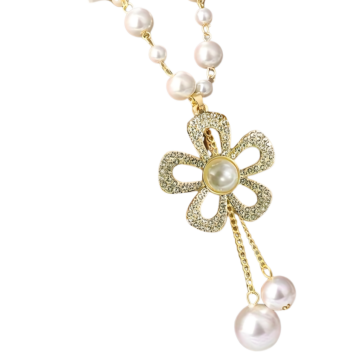 Flower Pearl Pendant Necklace for Women – Elegant Long Link Chain Rhinestone 693