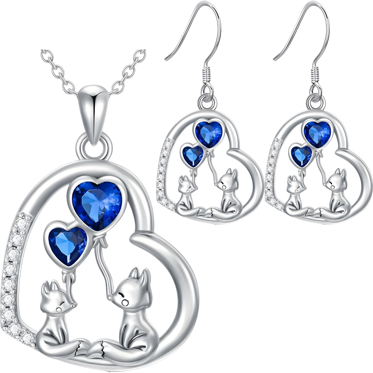 Blue Heart Fox Necklace and Earrings Set – Zinc Alloy Rhinestone Animal 1238