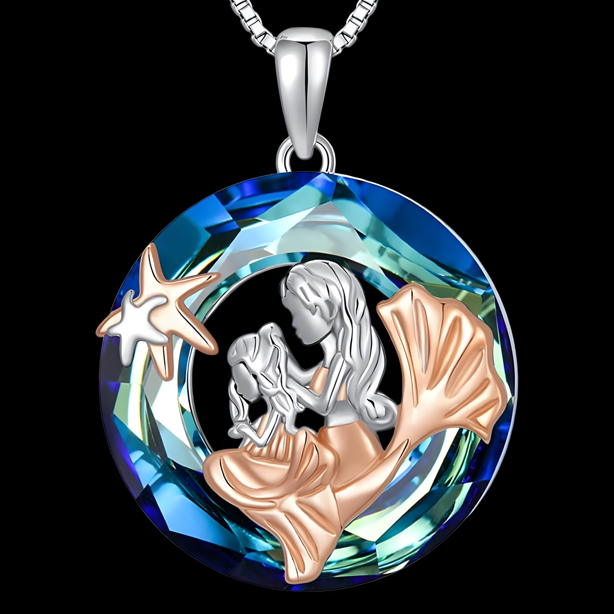 Mermaid Necklace Women Sterling Silver Plated Mother Daughter Blue Ocean B145