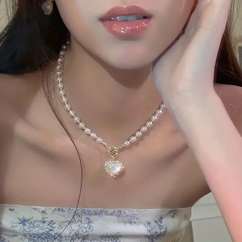 Pearl Necklace For Women, Heart Design Collarbone Chain Christmas 103 UK