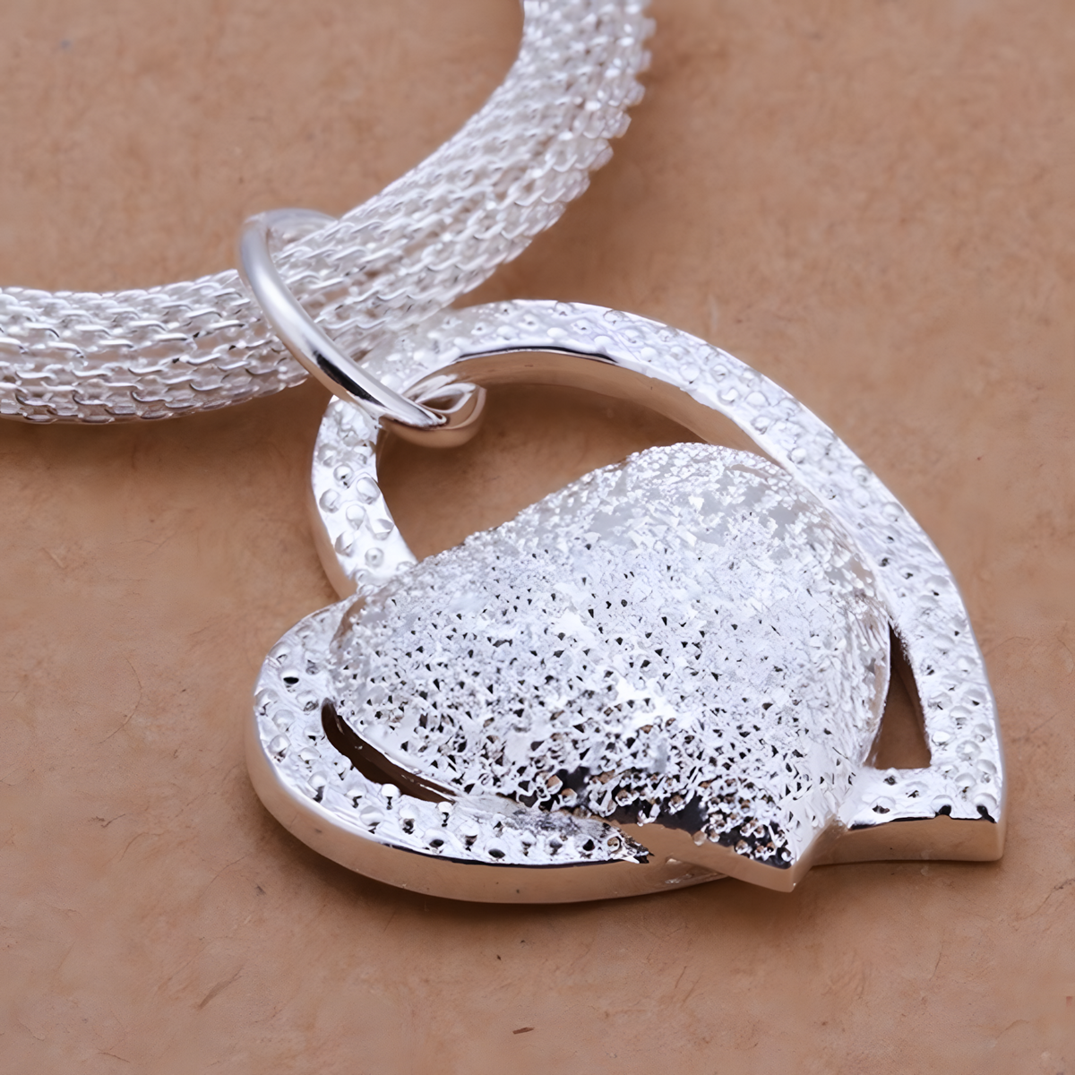 925 Silver-Plated Alloy Heart Pendant Necklace Women – Textured Double-Heart 855