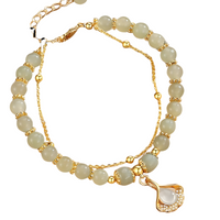 Elegant Pale Green Jade Beaded Bracelet, Gold Tone Adjustable Chain, Lotus 1741