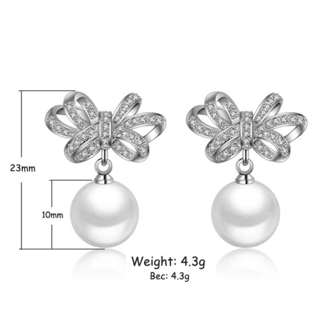 925 Sterling Silver Bow Knot Drop Earrings Pearls - CZ Bow & Pearl Dangle 351