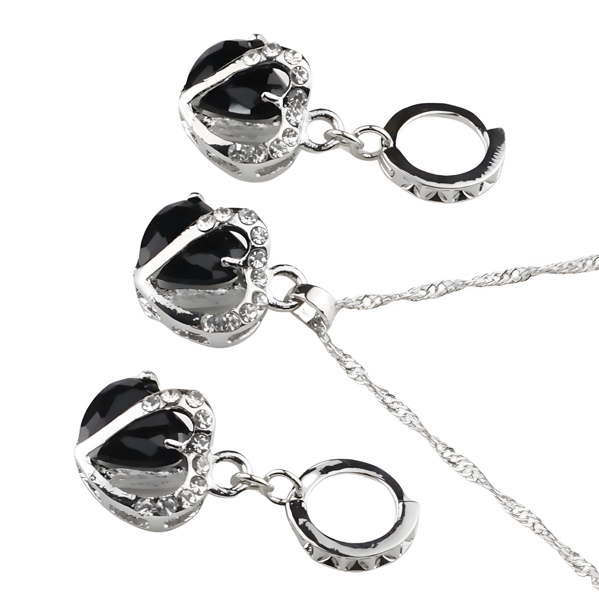 Jet Black Heart Necklace and Earrings Set for Women, Black Heart Pendant 1304