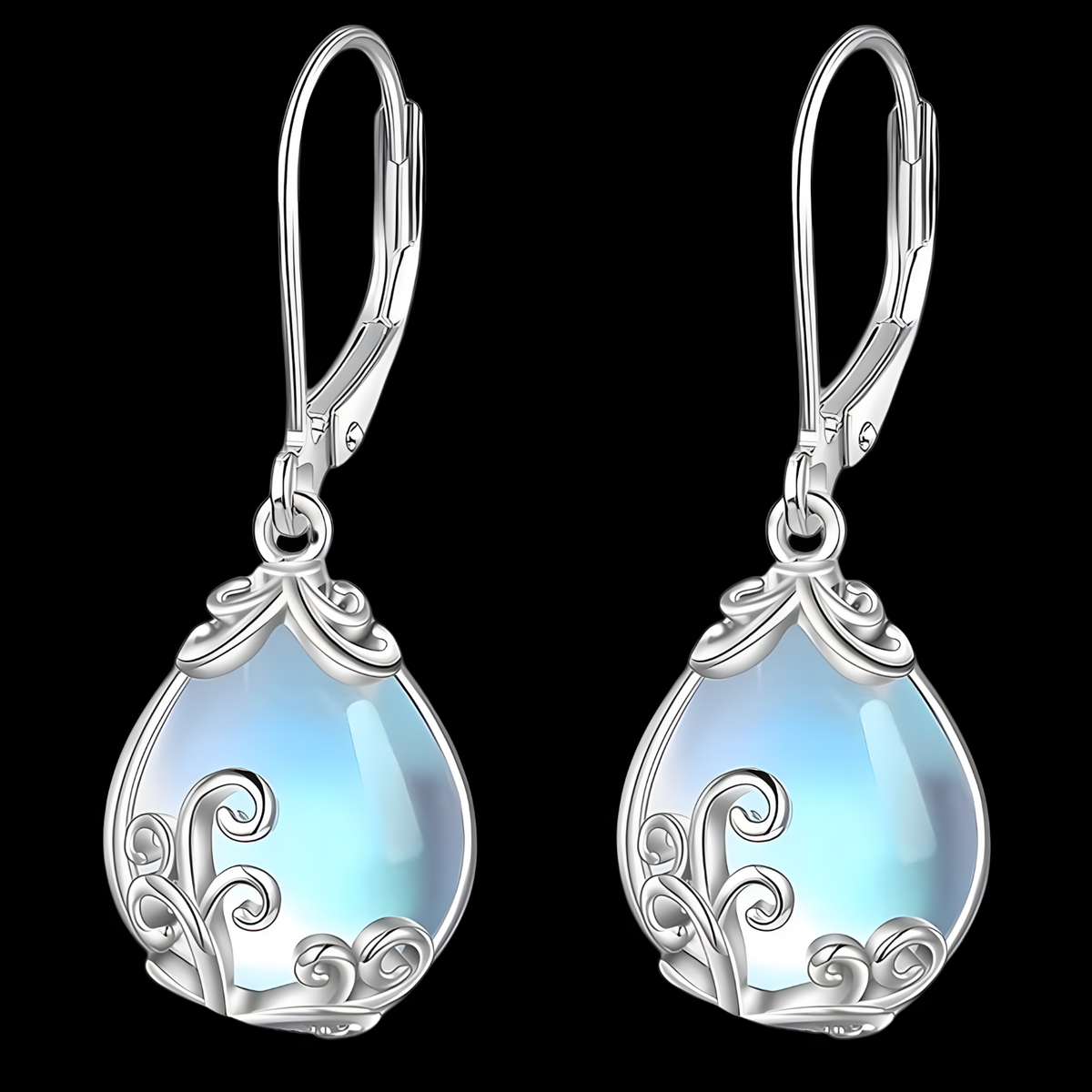 Blue Moonstone Teardrop Dangle Earrings -Filigree Teardrop Dangle Leverback 1451
