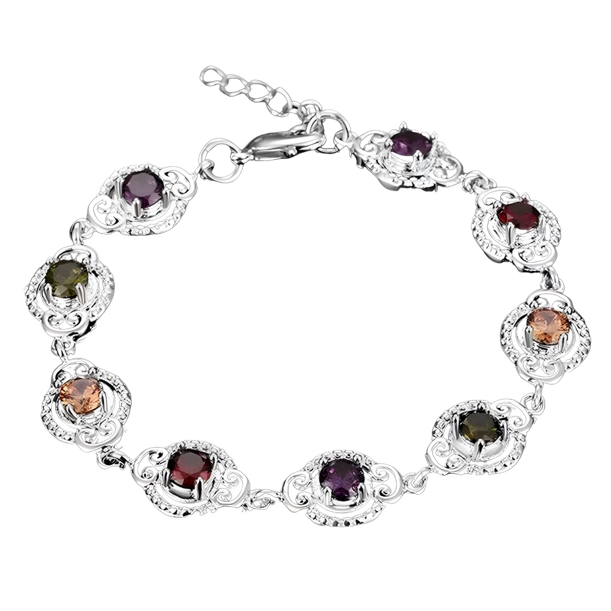 MultiColour Crystal Charm Bracelet For Women Silver Tone Chain Link l 1744