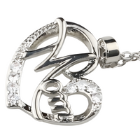 Mom Heart Pendant Necklace Silver Plated Link Chain Cubic Zirconia Micro 1359