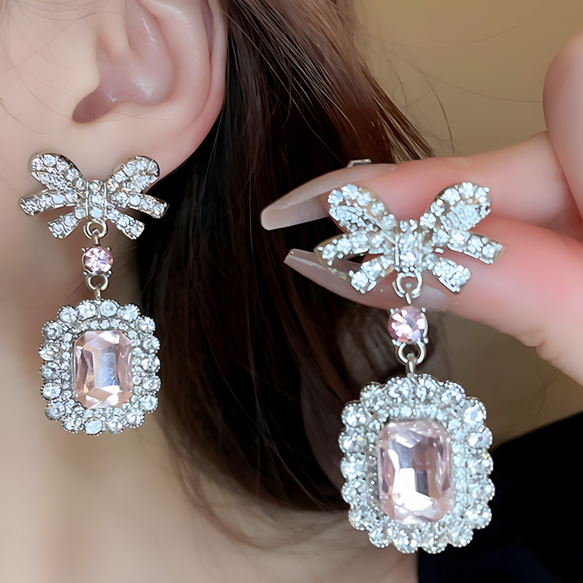 Pink Crystal Bow Pendant Necklace and Drop Earrings Set for Women Square 1392